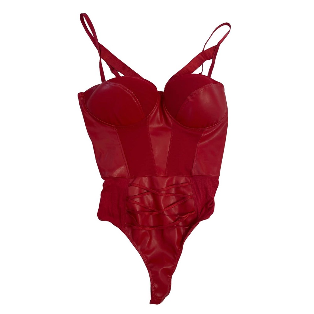 OPPA Red Corset Faux Leather Bodysuit Size Large